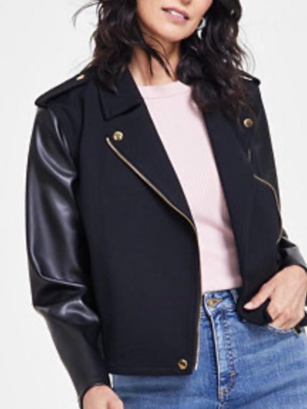 INC Black Moto Jacket with Faux Leather Sleeves Gold Accents
